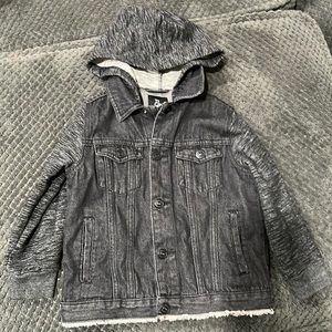 Kids black jean jacket with sweatshirt sleeves and hood, 4T